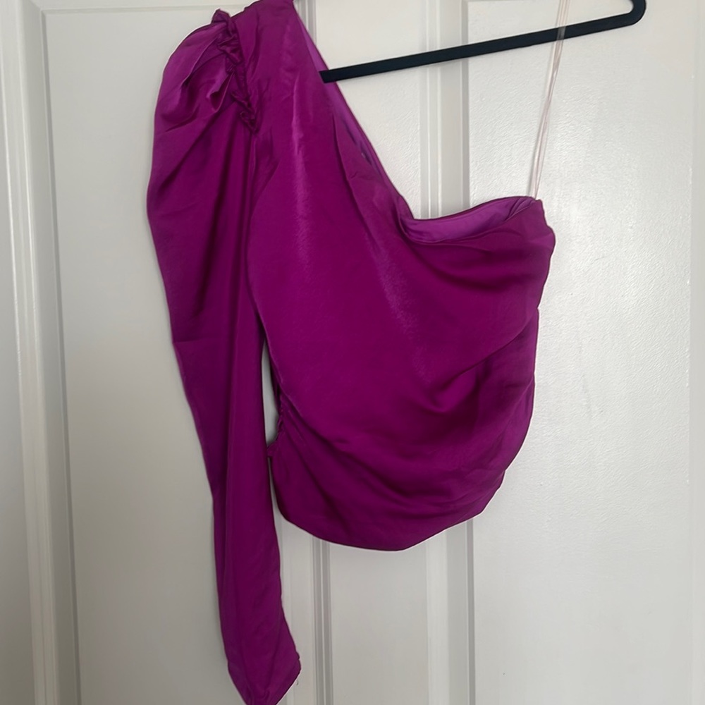 These Three Satin One Shoulder Puff Sleeve Top
